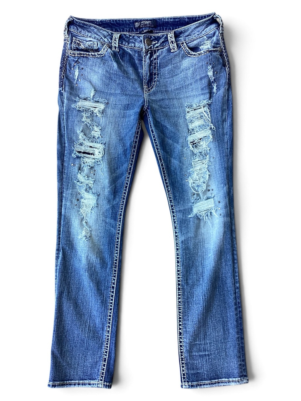 SILVER JEANS Suki Flap Slim Jeans 34x31 Destroyed